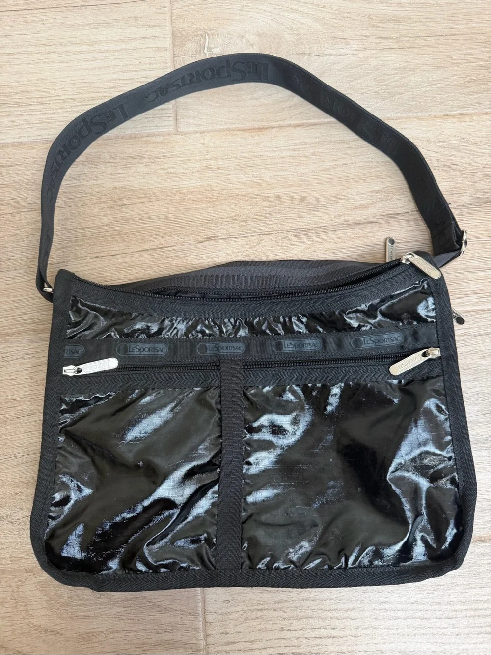 Lesportsac Black Gloss Nylon Messenger Bag with Adjustable Strap